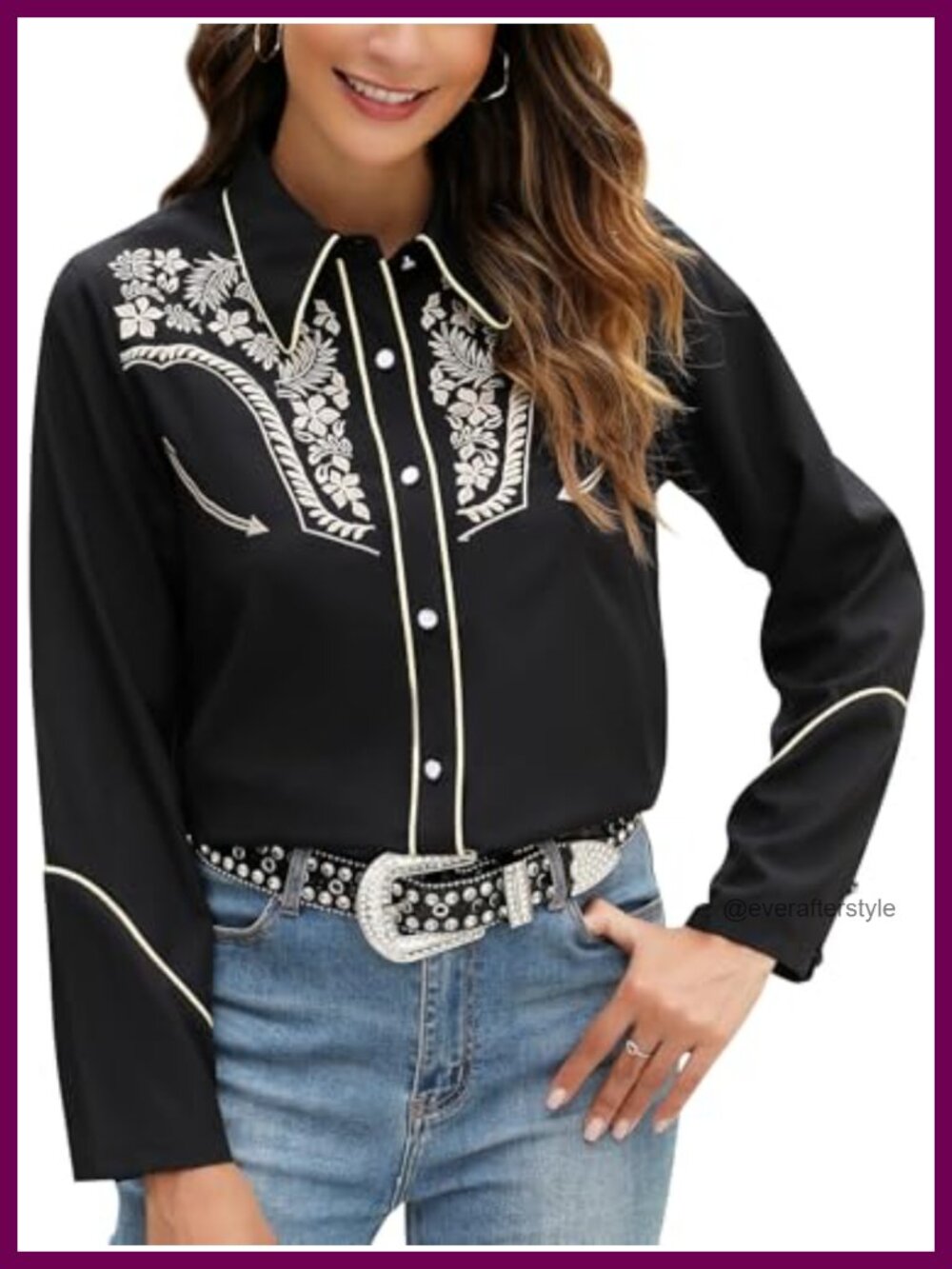 Embroidered Long Sleeve Floral Button Down Western Shirt Viscose